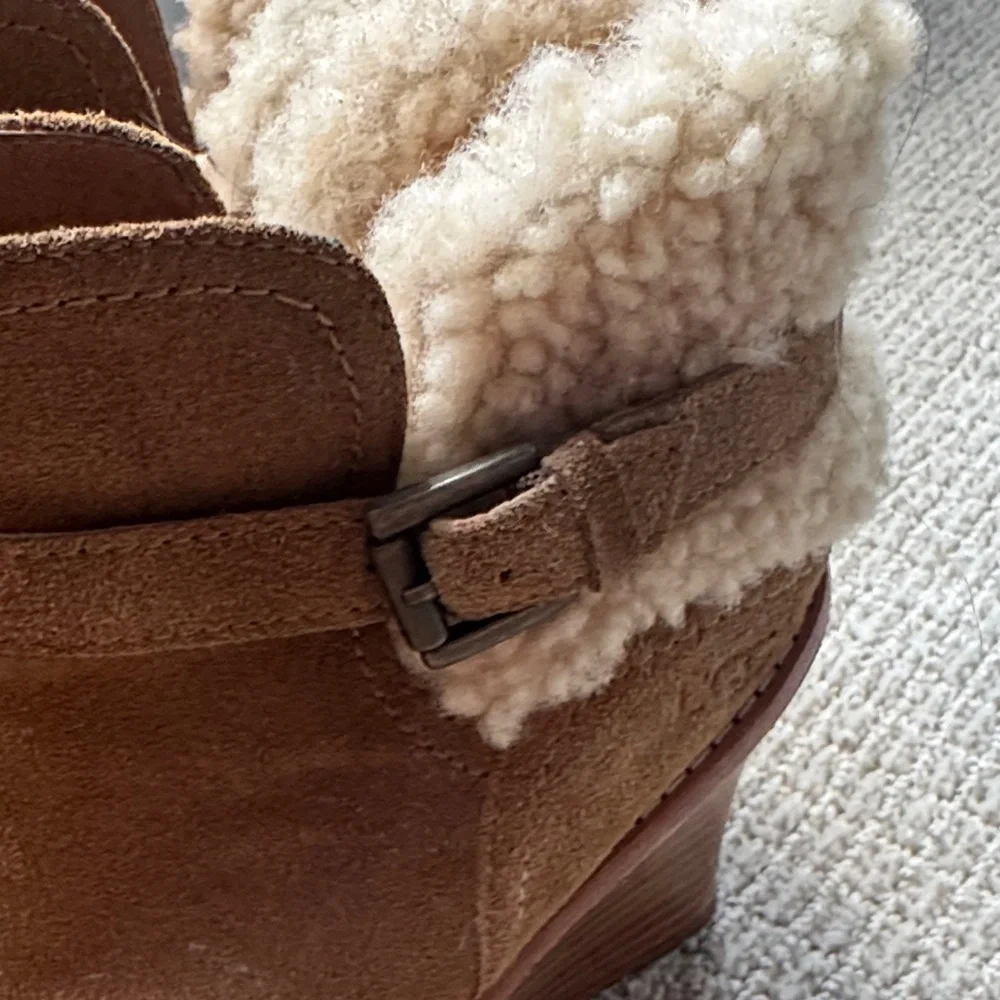 UGG Chestnut Suede Wedge Booties with Shearling Cuff